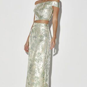 NWT Lulus Evening Gleam Sage Green and Gold Jacquard Two-Piece Maxi Dress